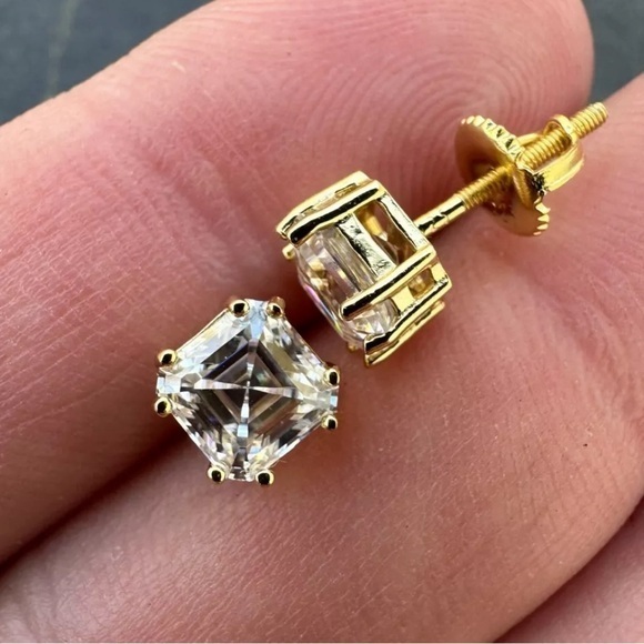 Real Iced Moissanite Stud Earrings Asscher Cut 14k Gold Over 925 Silver 4mm - Picture 3 of 4